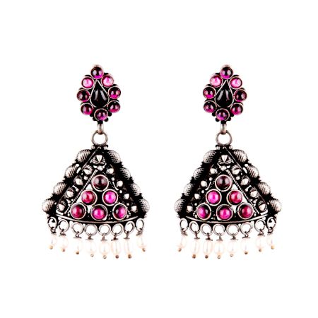 Round Pink Jade Stoned 92.5 Sterling Silver Earrings Pyramid Shaped Pearl Tassel jhumis For Women