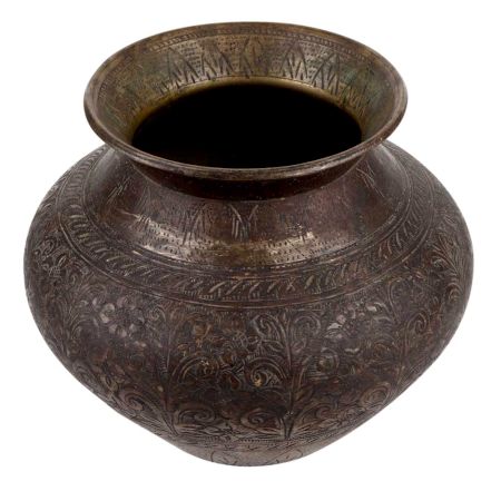 Old Brass Pot Engraved With Flowers And leaves Pattern
