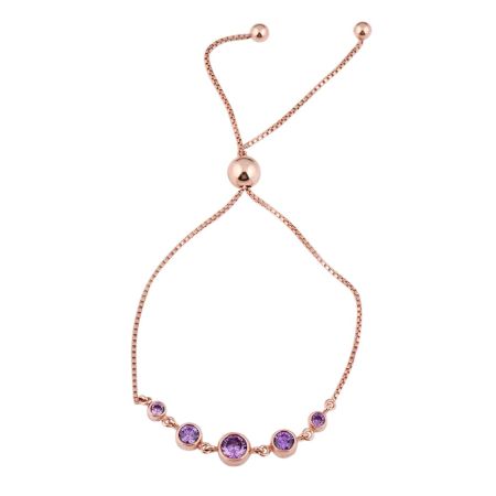 Round Amethyst 92.5 Sterling Silver Adjustable Bracelet In Rose Gold Polish