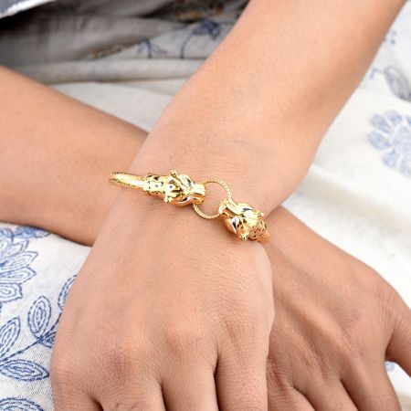 Gold Plated 92.5 Sterling Silver Bracelet Adjustable Kadaa Two Tiger Face With Ring In Mouth