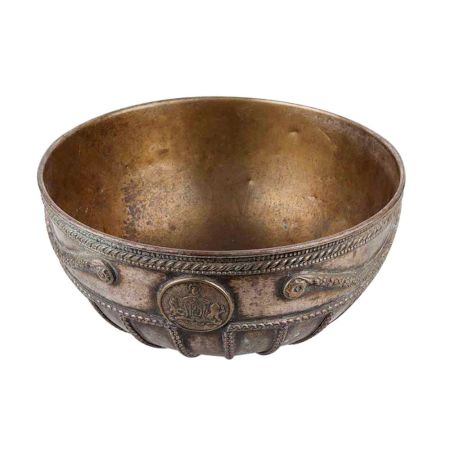 Brass Bowl With Embossed Hand Chiseled  Floral Bands  And Decorated Rim