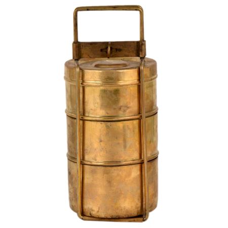 Brass Tiffin Box With Thin Brass Strap Frame And Three Containers