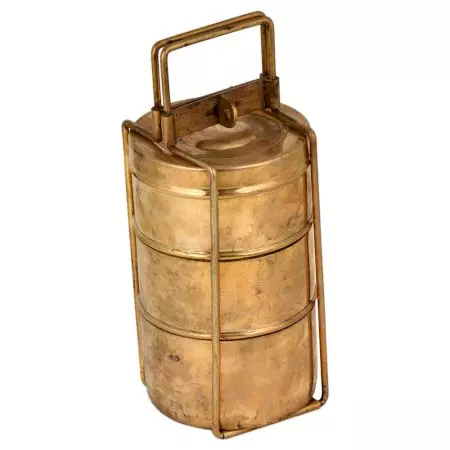 Brass Tiffin Box With Thin Brass Strap Frame And Three Containers
