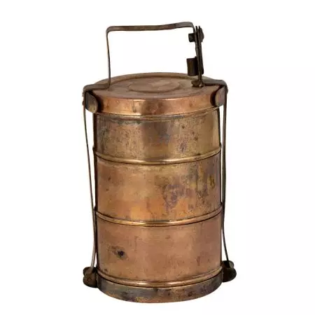 Brass Tiffin Box Three Container Single Lid Thick Frame