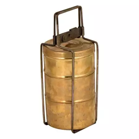 Handcrafted Brass Tiffin Box Three Storage with Thin Strap Frame