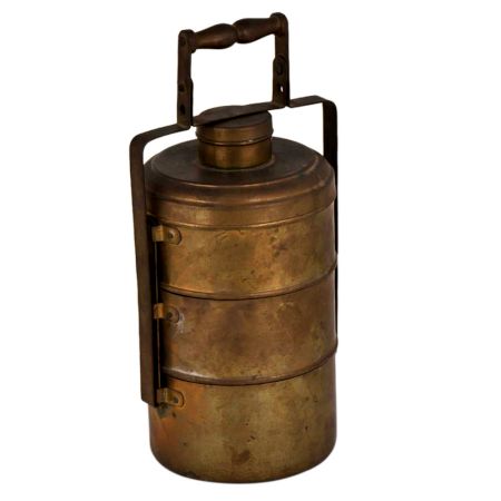 Brass Three Tiffin Box With Adjustable Handle And A Small Box On Top