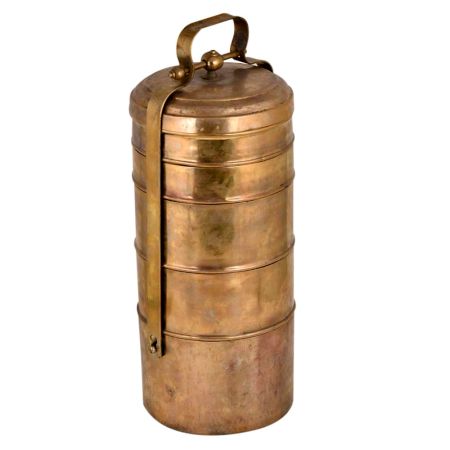 Brass Lunch Box With Four Container Knob Finial and Screw Fasteners Lock