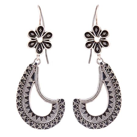 Oxidized 92.5 Sterling Silver Earrings Tribal Cut Engraved bands Dangler For Women