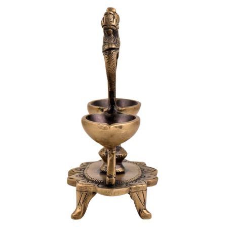 Majestic Oil Lamp  Twin Diya And Peacock Figurines On Stand
