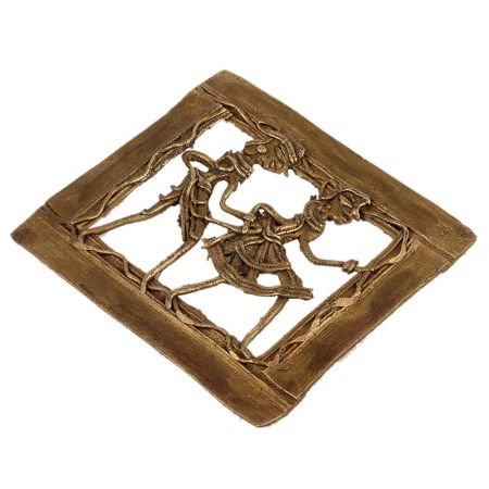 Brass Wall Hanging Dhokra Tribal Couple Holding Hands In Square Frame