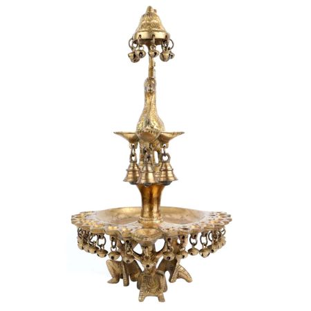 Exquisite Brass Peacock Many Diyas Hanging Bells Dancers Figurine