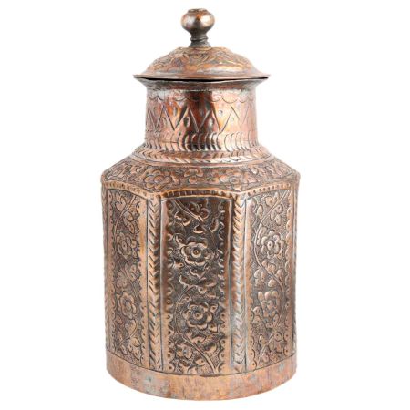 Copper Storage Box Chased Leafy  Design Knob Finial Lid