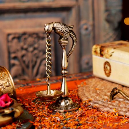 Indian Brass Parrot Hanging Diya Oil Lamp