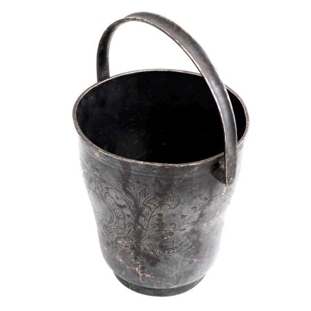 Brass Bucket With Floral Pattern Handle And Silver Finish