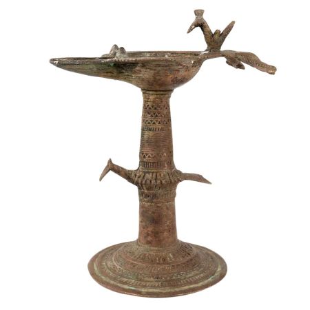 Dhokra Brass Work Oil Lamp With Peacock Carving