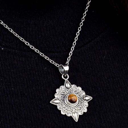 Tiger Eye Engraved Round 92.5 Sterling Silver Pendant