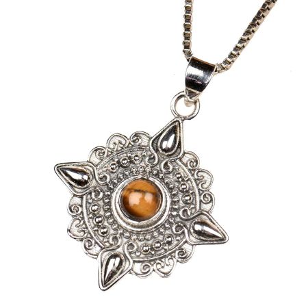 Tiger Eye Engraved Round 92.5 Sterling Silver Pendant