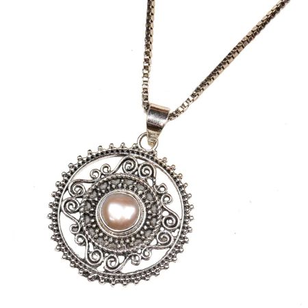 92.5 Sterling Silver Pearl in Round Engraved Pendant