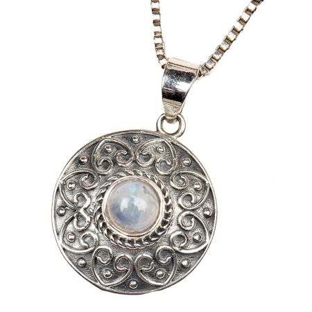 Round Grey Stone Engraved 92.5 Sterling S silver Pendant Jewelry