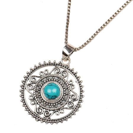 Round Engraved Blue Stone Sterling Silver Pendant