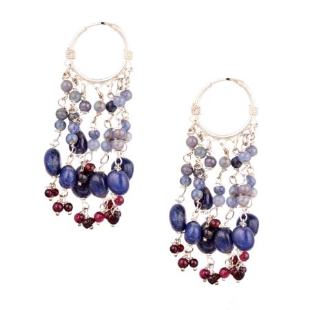 Blue Stone Bead Danglers in Sterling Silver Hoop Earrings