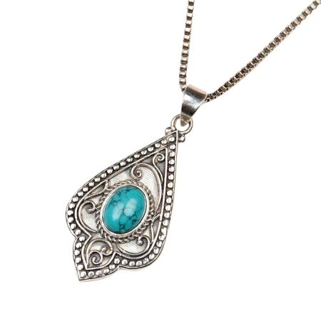 Engraved Leaf Turquoise 92.5 Sterling Silver Pendant