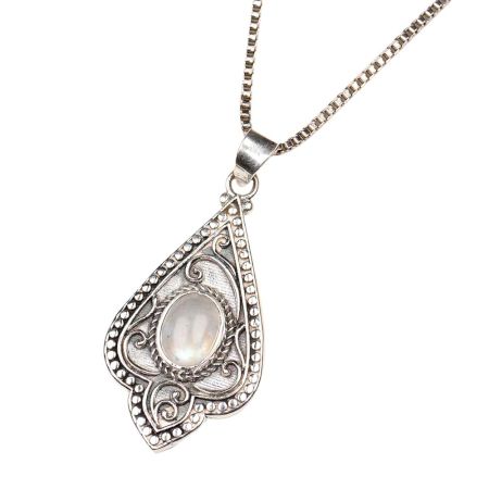 Moonstone Engraved Leaf 92.5 Sterling Silver Pendant