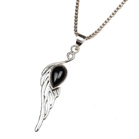 Black Stone Teardrop Feather Embedded 92.5 Sterling Silver Jewelry