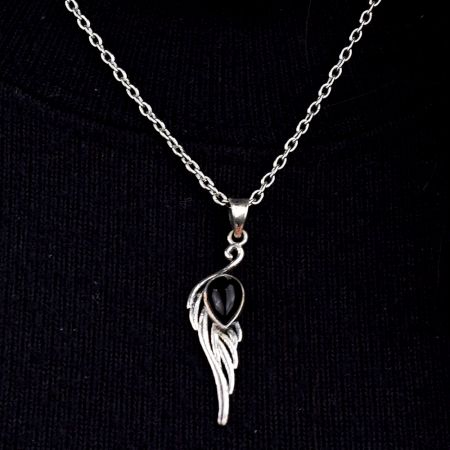 Black Stone Teardrop Feather Embedded 92.5 Sterling Silver Jewelry