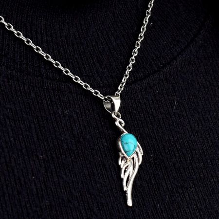 Turquoise Teardrop Feather Embedded 92.5 Sterling Silver Jewelry