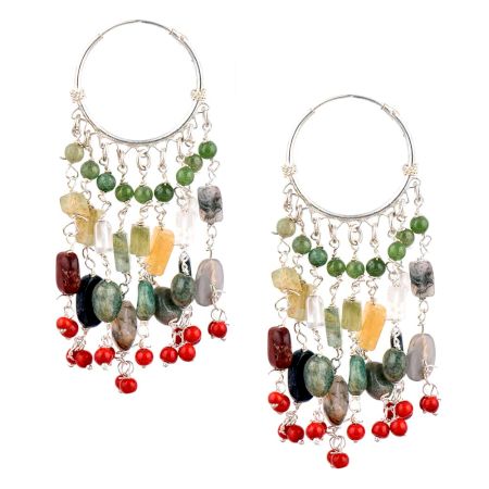 Handmade Silver 92.5 Sterling Stone Dangle Hoop Earrings