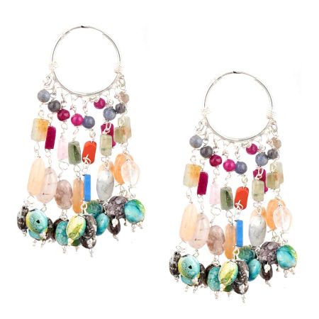 Tribal 92.5 Sterling Silver Earrings Chandelier Multi Stone Hoop Earrings