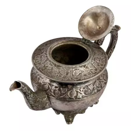Ornate Brass Short Tea Or Coffee Pot With Stout In Silver polish