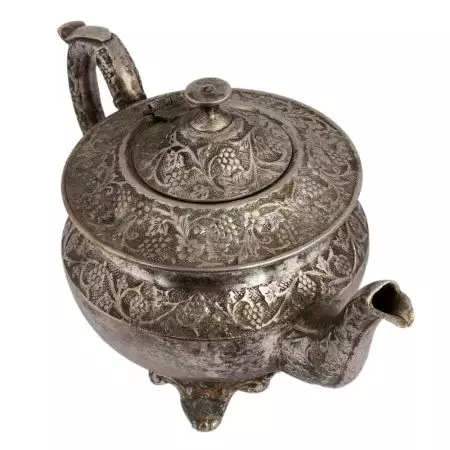 Ornate Brass Short Tea Or Coffee Pot With Stout In Silver polish