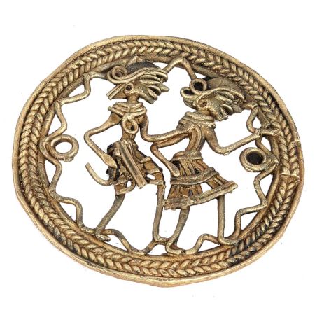 Round Brass Wall Hanging of Village Couple Daily Activity