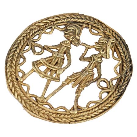Round Brass Dhokra Wall Art Hanging Depicting Tribal Farmer Couple
