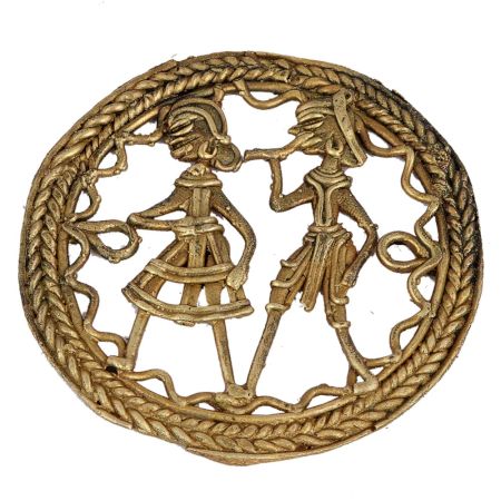 Round Brass Dhokra Wall Art Hanging Depicting Tribal Farmer Couple