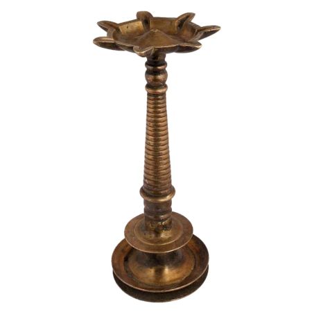 South Indian Brass Tall Oil Lamp With Segmented Body