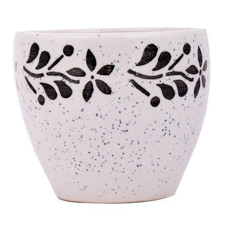 Fresh White Ceramic Pot Hand painted Black Floral Border on Top