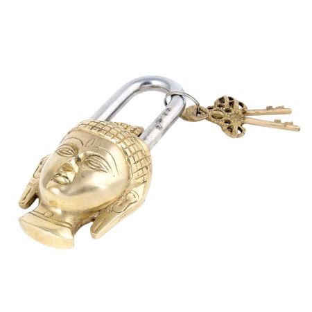 Brass Padldlock Engraved With Buddha Face And 2 Keys