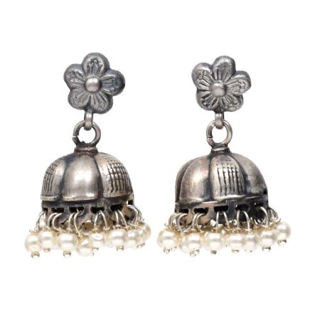 Handmade Oxidized Silver Jhumki Jhumka Earring With Pearl Beads