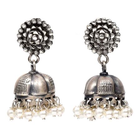 Handmade Oxidized Silver Floral Stud Jhumki Jhumka EarringÂ With Pearl Beads