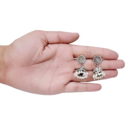 Handmade Oxidized Silver Floral Stud Jhumki Jhumka EarringÂ With Pearl Beads