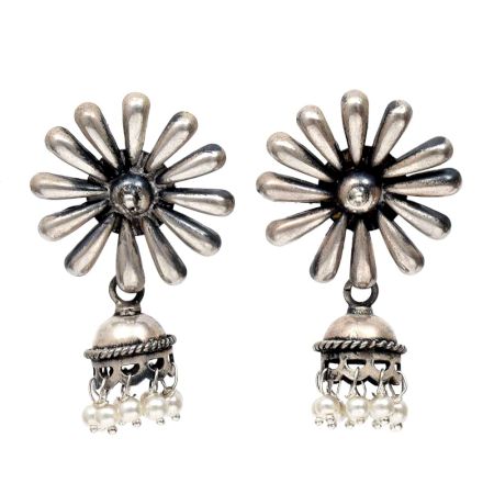 Handmade Oxidized Silver Jhumki Earring Sunflower Stud And Pearl Tassel