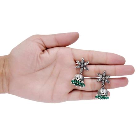 Handmade Oxidized Floral Antique Tribal Jhumki With Green Beads