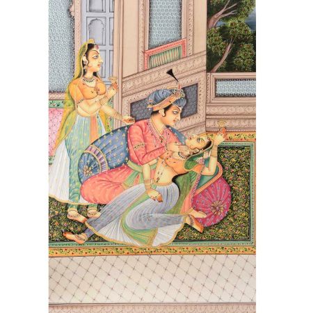 Handmade Canvas Mughal Painting Emperor Dynasty Love Scene