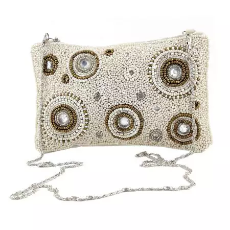 Golden Rings White  Glass Bead And Cotton Bridal Or Party Clutch