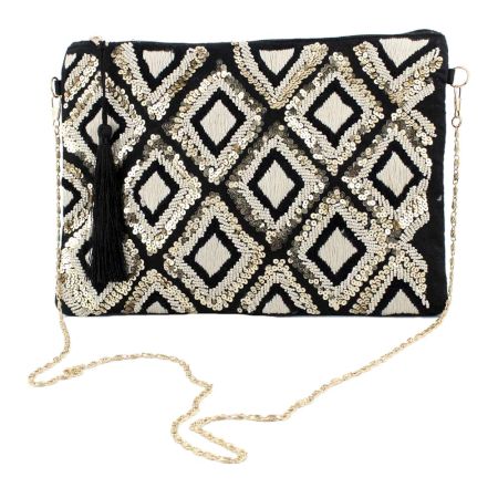 Black And White Ziptop Jacquard Cotton Clutch bag With Tassle