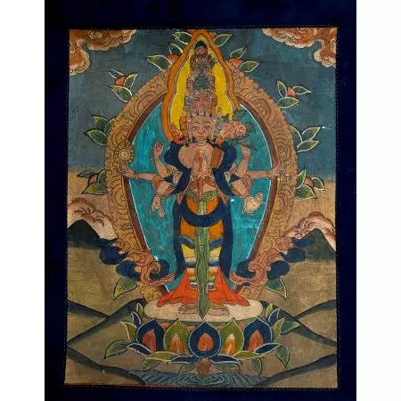 Navy Blue Thangka Painting  Of Eleven Headed Avalokiteshvara