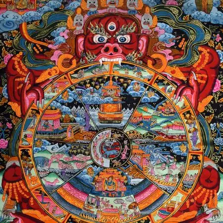 Tibetan Thangka Painting Of Bhavachakrathe Wheel of Life